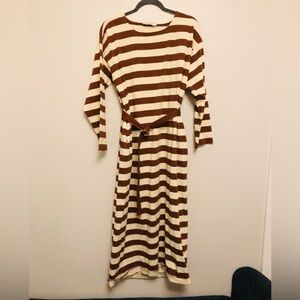 Tory Burch Belted Brown and Cream Striped Long Sleeve Dress